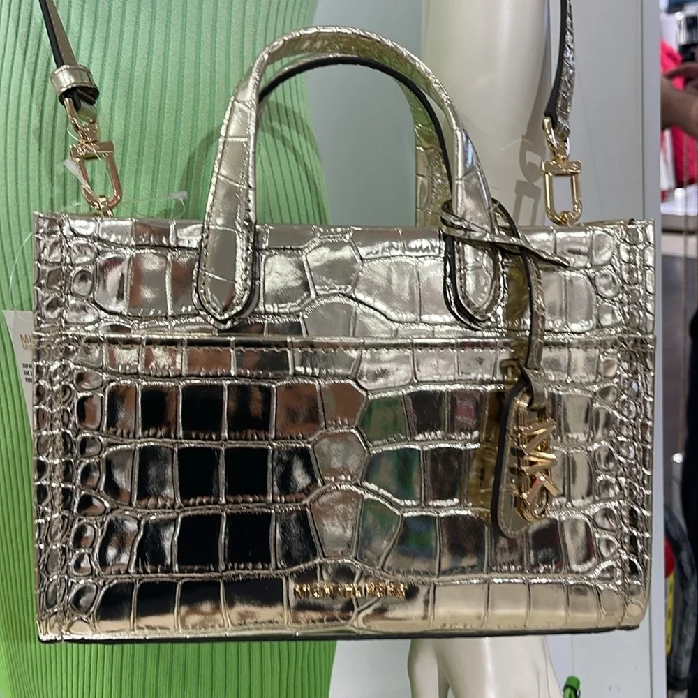 Michael Kors Gigi Small Metallic Crocodile Embossed Leather Messenger Pale Gold